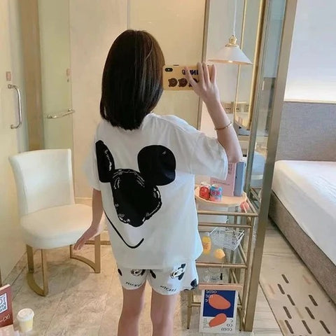 Disney Mickey White Women's Spring Summer Pajamas Set Three-piece Short Sleeve + Shorts + Trousers Soft And Comfortable Home wear L