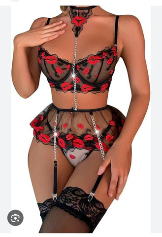 Multi-Piece, Highly Stylized Matching Lingerie Set Designed With A Romantic And Edgy Aesthetic.