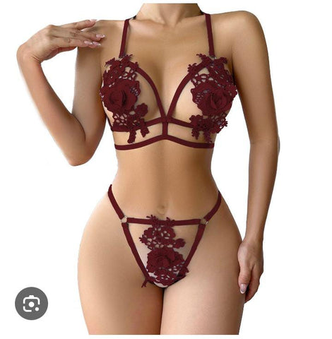 Two-Piece Strappy Lingerie Set Featuring Bold 3D Floral Appliques