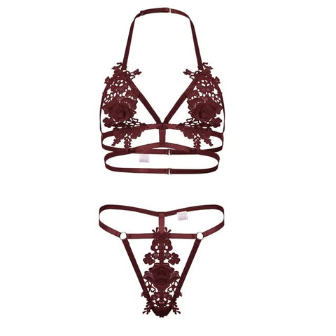 Two-Piece Strappy Lingerie Set Featuring Bold 3D Floral Appliques