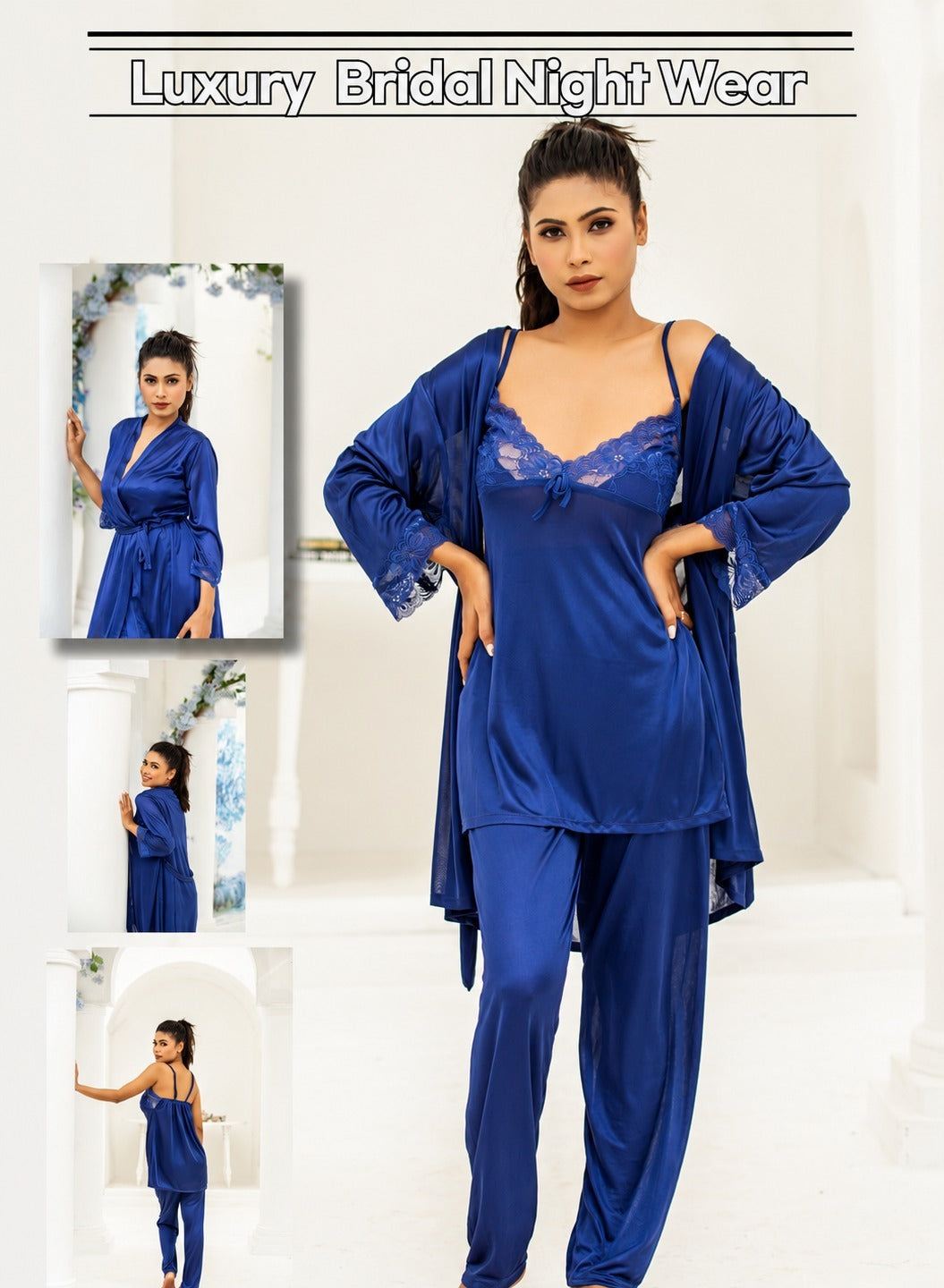 PREMIUM QUALITY .  HIGH QUALITY GSM USE. 3 PIECE NIGHTWEAR . 7 COLOURS .  Stuff=SILK FREE SIZE  28 TO 38 BREAST SIZE EASILY WEAR.
