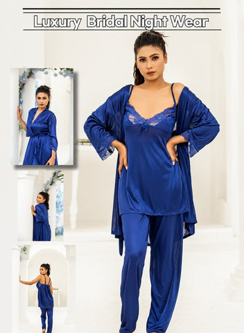 PREMIUM QUALITY .  HIGH QUALITY GSM USE. 3 PIECE NIGHTWEAR . 7 COLOURS .  Stuff=SILK FREE SIZE  28 TO 38 BREAST SIZE EASILY WEAR.