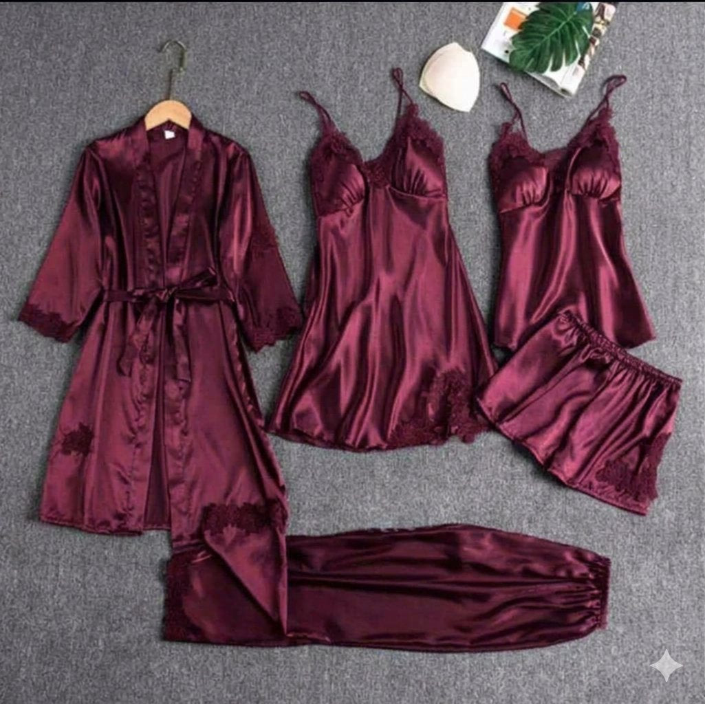 5 Piece Silk Long Bridal Nighty Set Best Honeymoon Gown with Bra and Pant