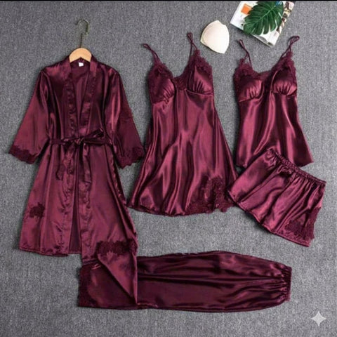 5 Piece Silk Long Bridal Nighty Set Best Honeymoon Gown with Bra and Pant