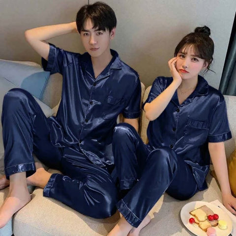 "Luxury Black Satin Silk Matching Couple Nightwear / Pajama Suit Set".
