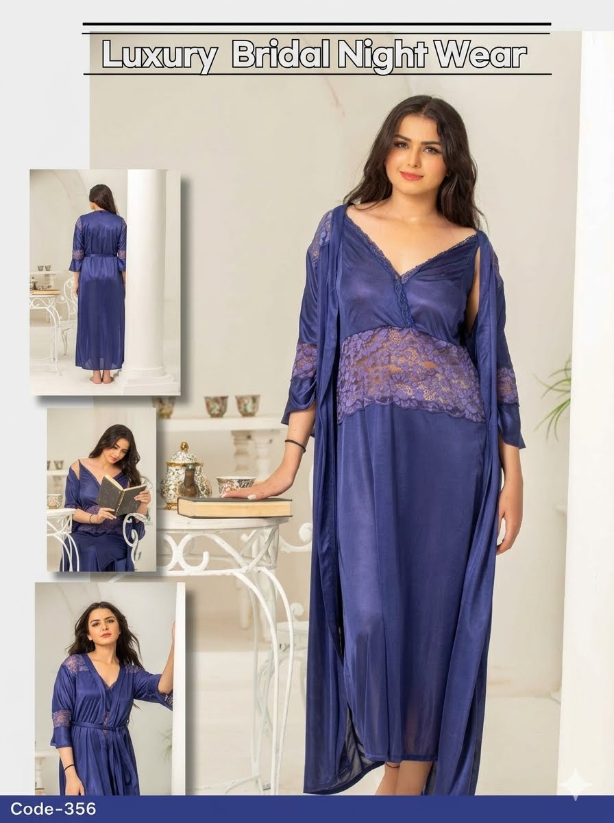 PREMIUM QUALITY .  HIGH QUALITY GSM USE. 2 PIECE NIGHTWEAR . LONG INNER+LONG GOWN. 7 COLOURS .  Stuff=SILK FREE SIZE  28 TO 38 BREAST SIZE EASILY WEAR.