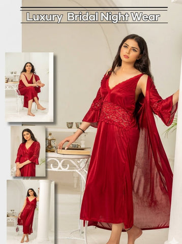 PREMIUM QUALITY .  HIGH QUALITY GSM USE. 2 PIECE NIGHTWEAR . LONG INNER+LONG GOWN. 7 COLOURS .  Stuff=SILK FREE SIZE  28 TO 38 BREAST SIZE EASILY WEAR.