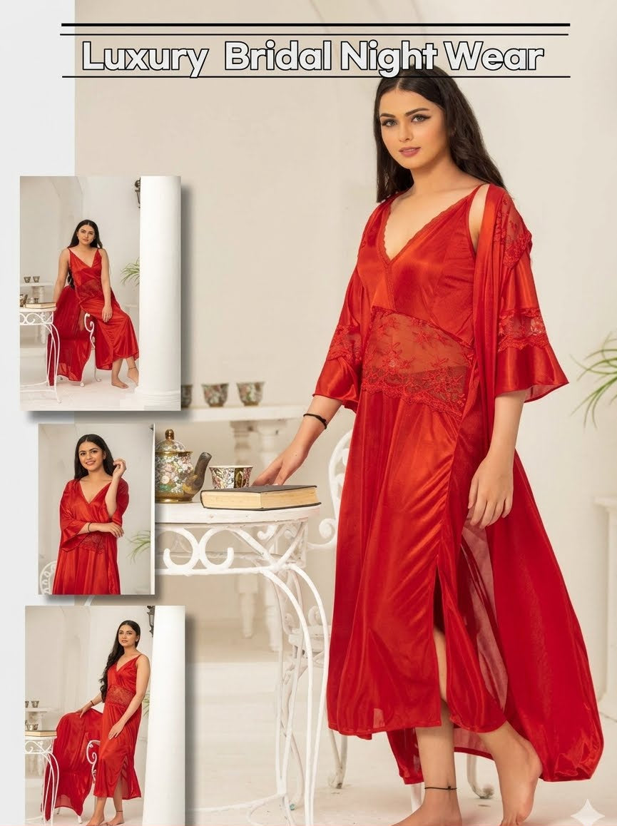 PREMIUM QUALITY .  HIGH QUALITY GSM USE. 2 PIECE NIGHTWEAR . LONG INNER+LONG GOWN. 7 COLOURS .  Stuff=SILK FREE SIZE  28 TO 38 BREAST SIZE EASILY WEAR.