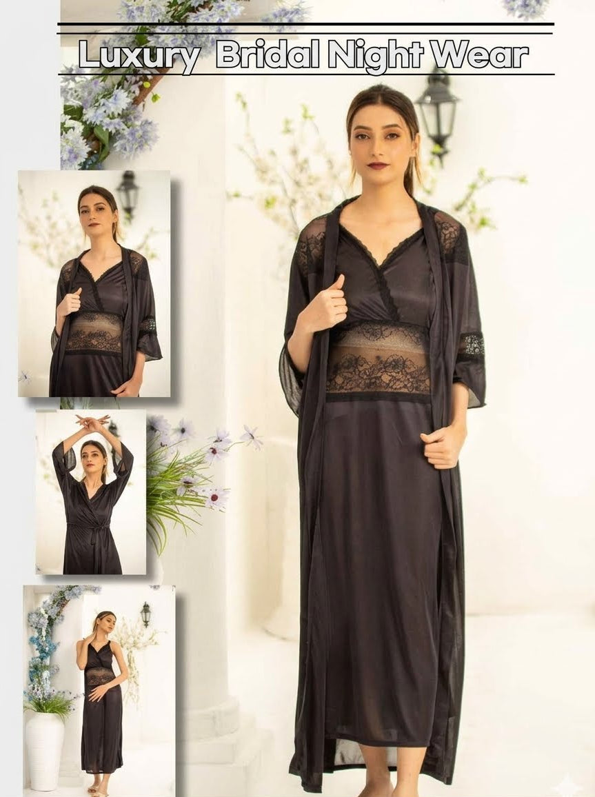 PREMIUM QUALITY .  HIGH QUALITY GSM USE. 2 PIECE NIGHTWEAR . LONG INNER+LONG GOWN. 7 COLOURS .  Stuff=SILK FREE SIZE  28 TO 38 BREAST SIZE EASILY WEAR.