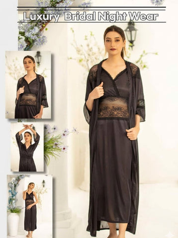 PREMIUM QUALITY .  HIGH QUALITY GSM USE. 2 PIECE NIGHTWEAR . LONG INNER+LONG GOWN. 7 COLOURS .  Stuff=SILK FREE SIZE  28 TO 38 BREAST SIZE EASILY WEAR.