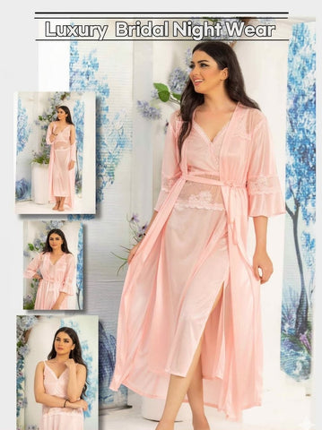 PREMIUM QUALITY .  HIGH QUALITY GSM USE. 2 PIECE NIGHTWEAR . LONG INNER+LONG GOWN. 7 COLOURS .  Stuff=SILK FREE SIZE  28 TO 38 BREAST SIZE EASILY WEAR.