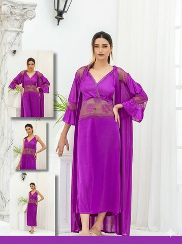 PREMIUM QUALITY .  HIGH QUALITY GSM USE. 2 PIECE NIGHTWEAR . LONG INNER+LONG GOWN. 7 COLOURS .  Stuff=SILK FREE SIZE  28 TO 38 BREAST SIZE EASILY WEAR.