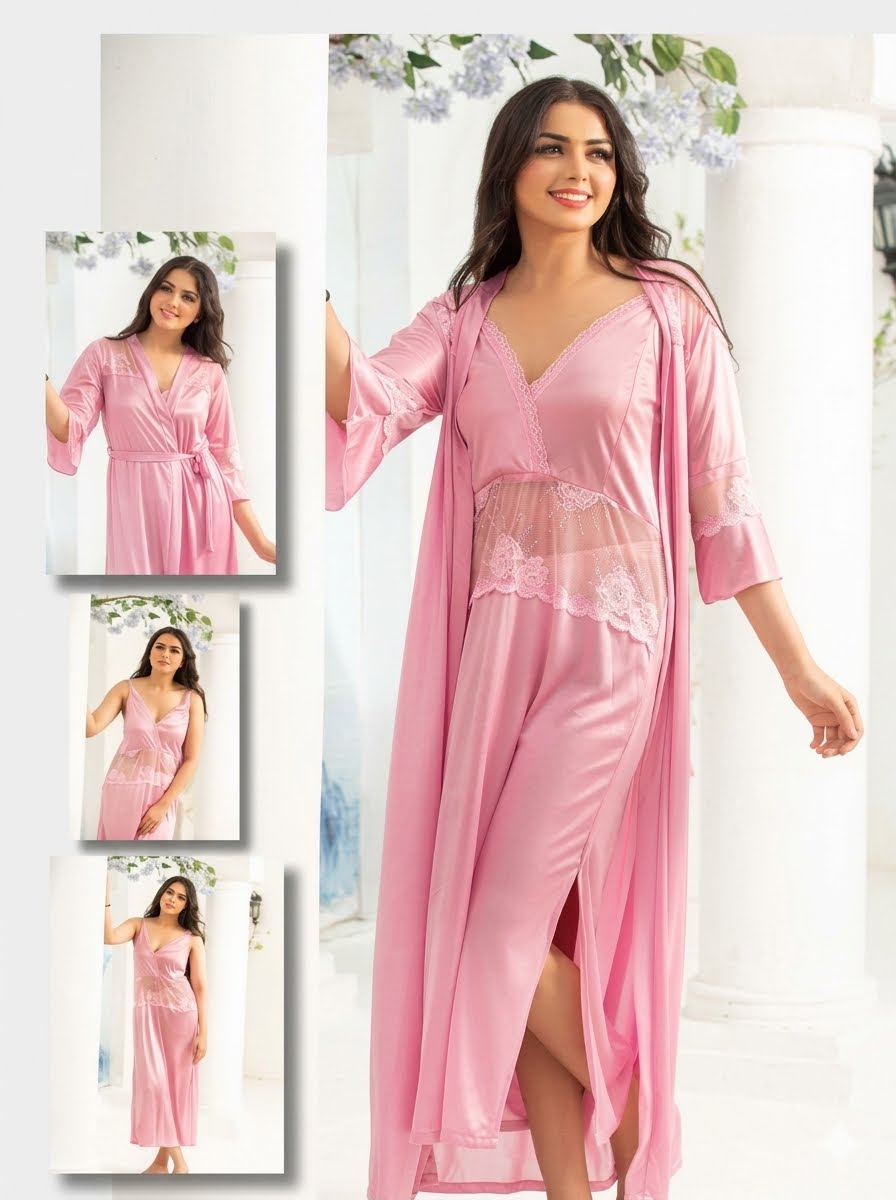 PREMIUM QUALITY .  HIGH QUALITY GSM USE. 2 PIECE NIGHTWEAR . LONG INNER+LONG GOWN. 7 COLOURS .  Stuff=SILK FREE SIZE  28 TO 38 BREAST SIZE EASILY WEAR.