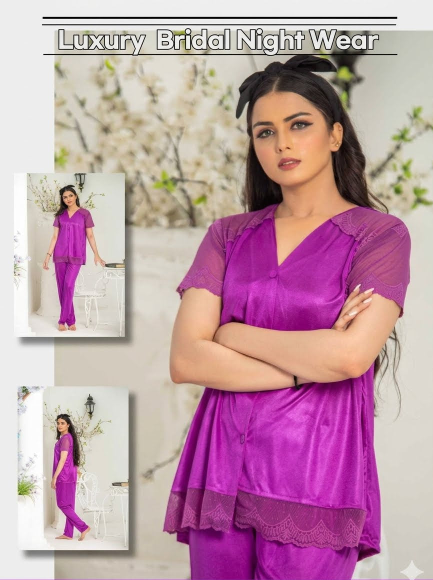 PREMIUM QUALITY .  HIGH QUALITY GSM USE. 2 PIECE NIGHTWEAR . TROUSER SHIRT 7 COLOURS .  Stuff=SILK FREE SIZE  28 TO 38 BREAST SIZE EASILY WEAR