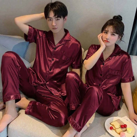 "Luxury Black Satin Silk Matching Couple Nightwear / Pajama Suit Set".